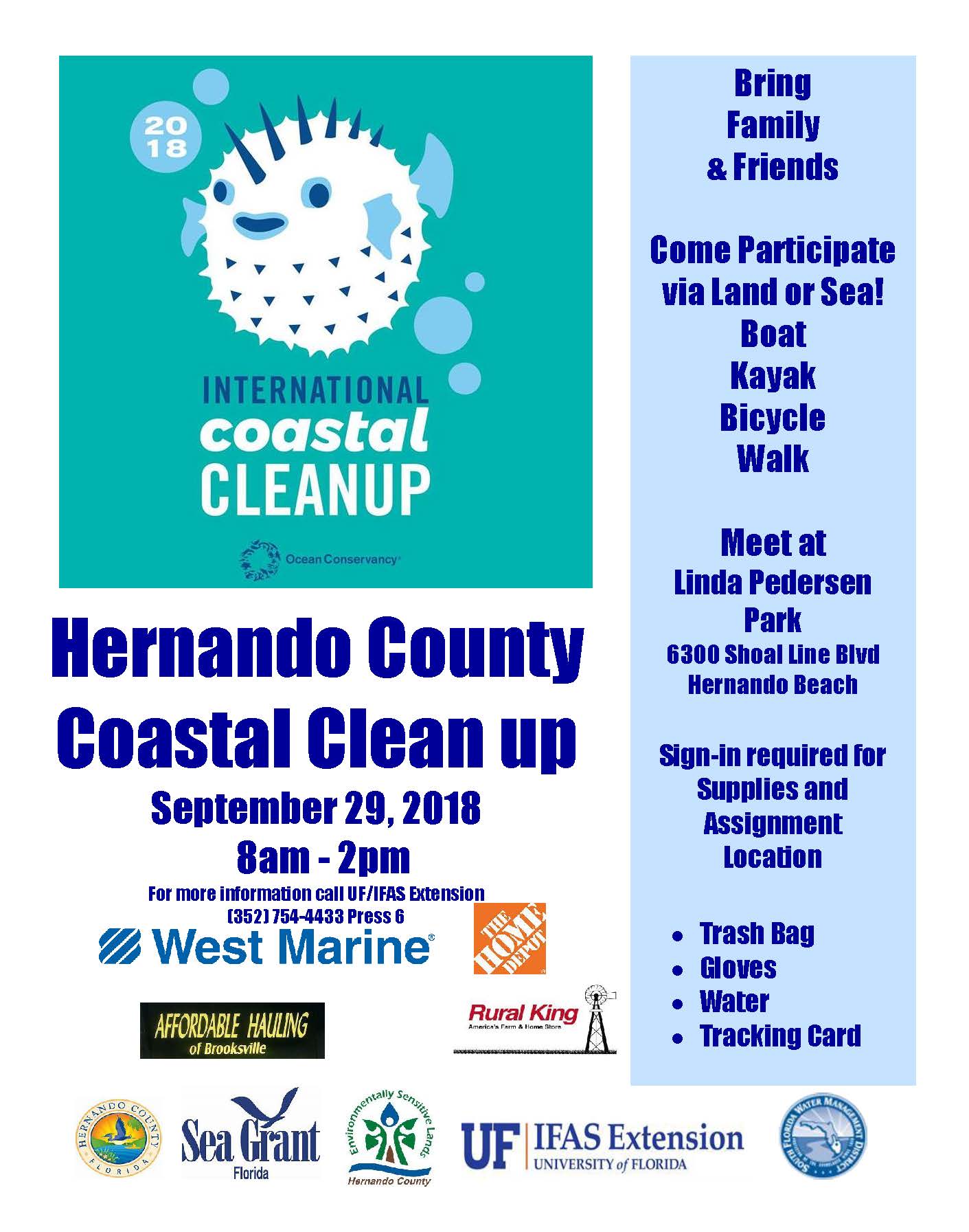 Hernando County Coastal Cleanup September 29, 2018, 8 a.m. to 2 p.m. at Linda Pedersen Park 6300 Shoal Line Blvd. in Hernando Beach