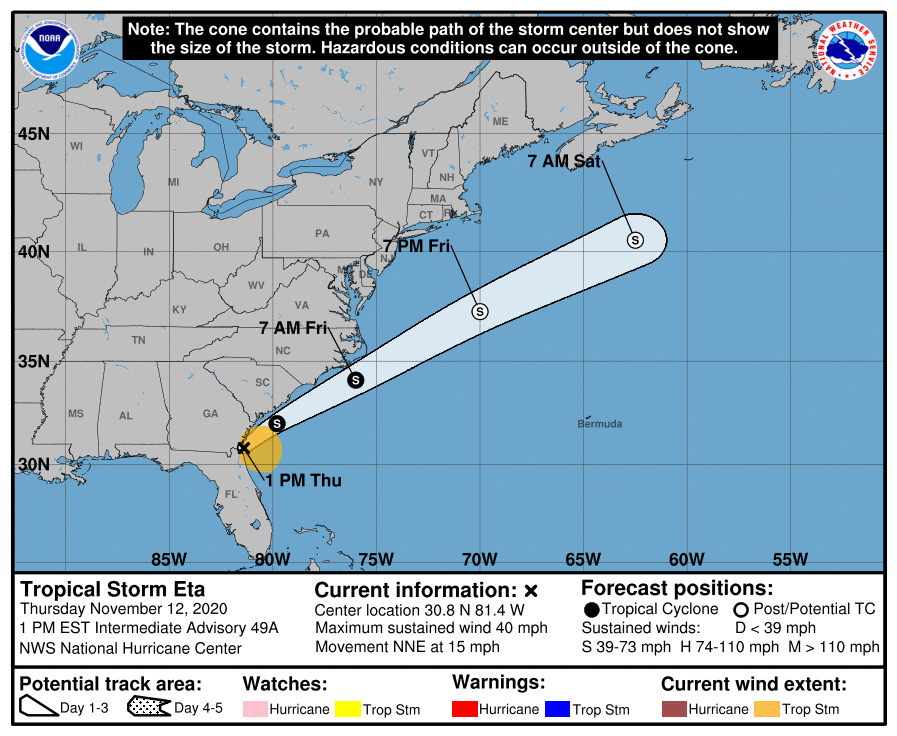 National Hurricane Center 5-day forecast for Tropical Storm Eta - 1 pm update