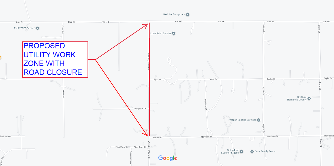 Map of Proposed Work Zone on Weeping Willow St.